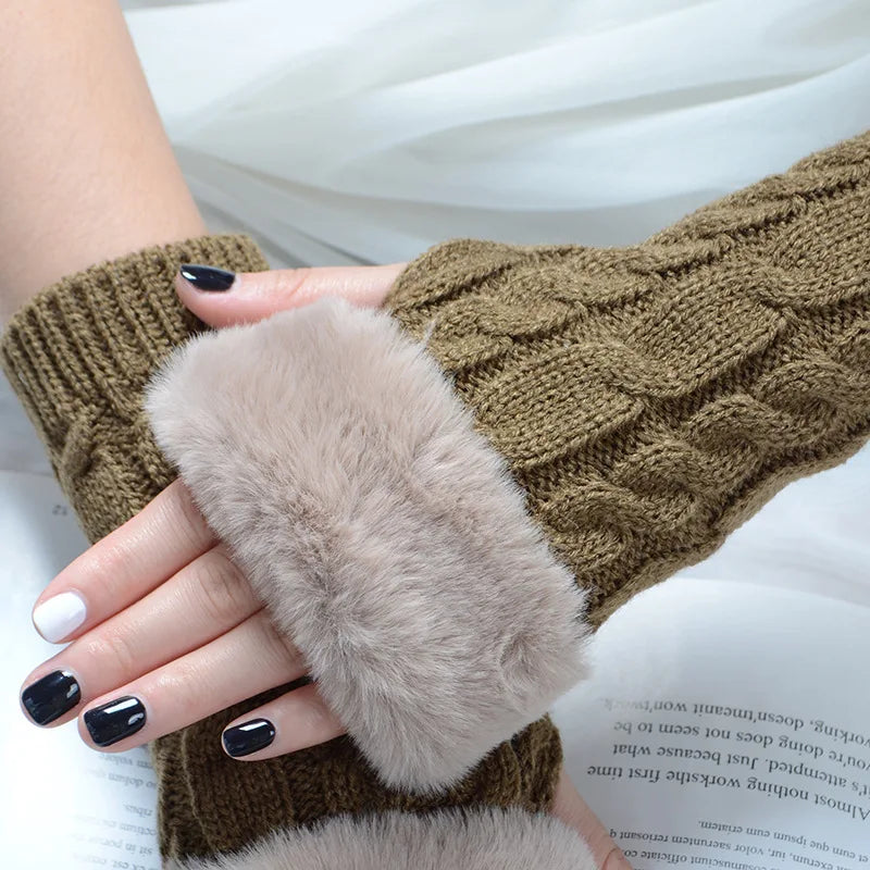 Autumn Winter Solid Color Students Write Keep Warm Korean Knitting Lady Fingerless Protection Hand Hair Mouth Hemp Gloves Women