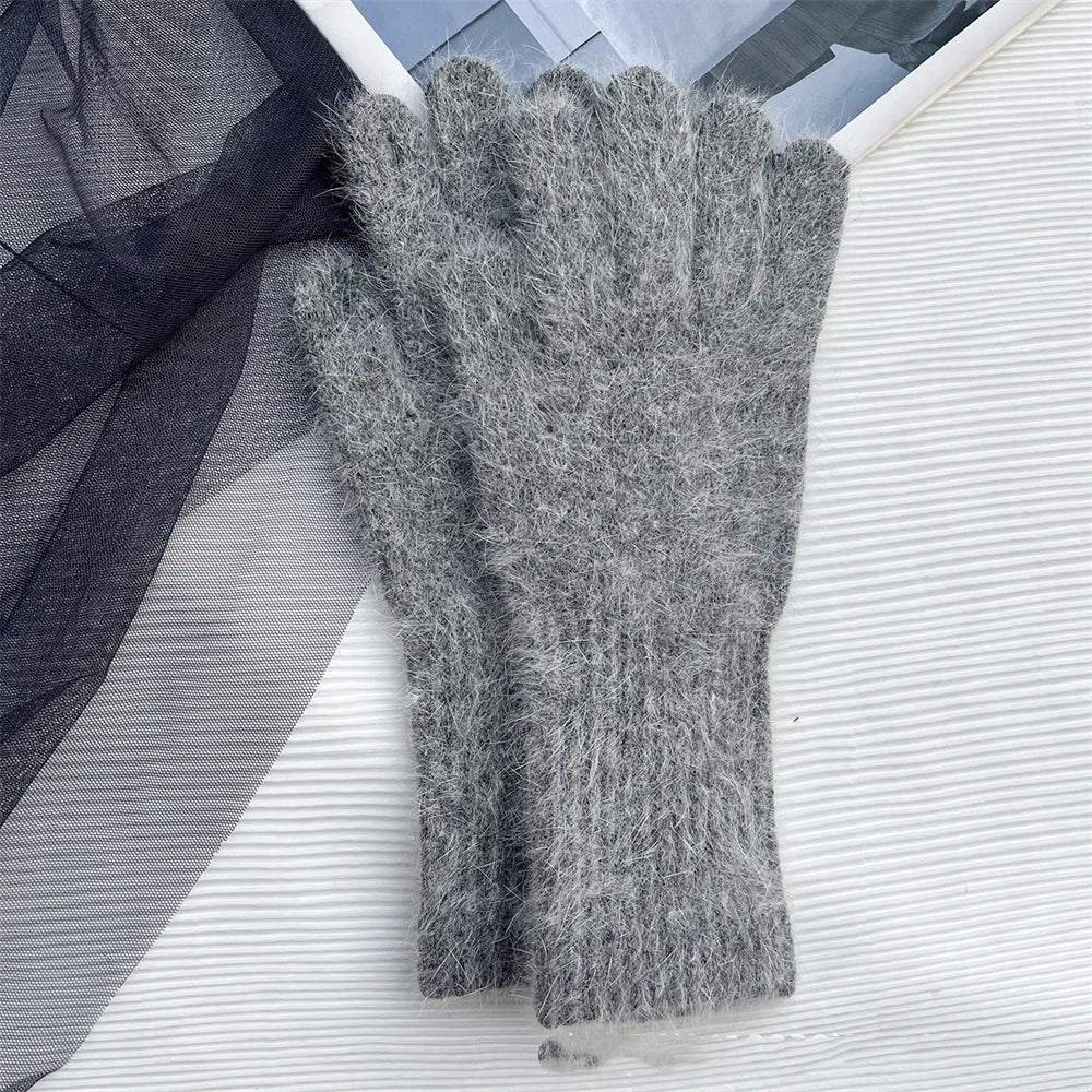 New Rabbit Fur Long Five-finger Gloves Women's Winter Warm Dew Finger Touch Screen Solid Color Versatile Knitted Gloves 27.5*8CM
