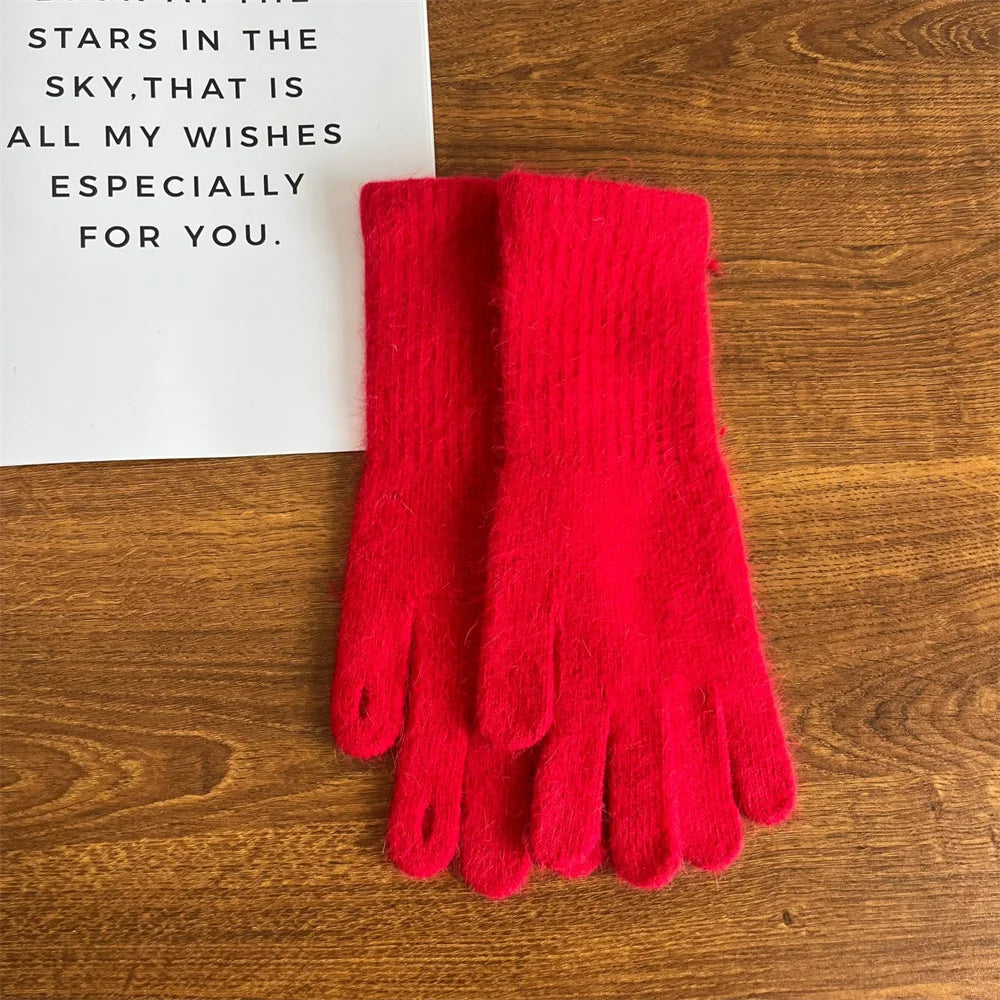 New Rabbit Fur Long Five-finger Gloves Women's Winter Warm Dew Finger Touch Screen Solid Color Versatile Knitted Gloves 27.5*8CM