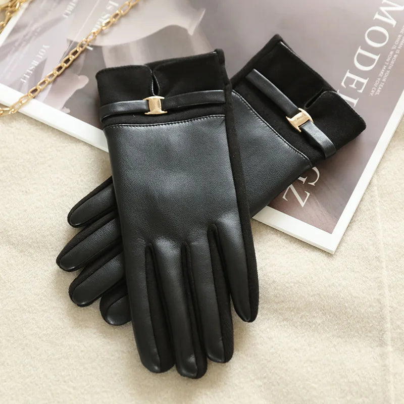 Fashion Elegant Retro Women Winter Thick Suede Leather Gloves Cycling Drive Keep Warm Touch Screen Windproof  Soft Comfortable