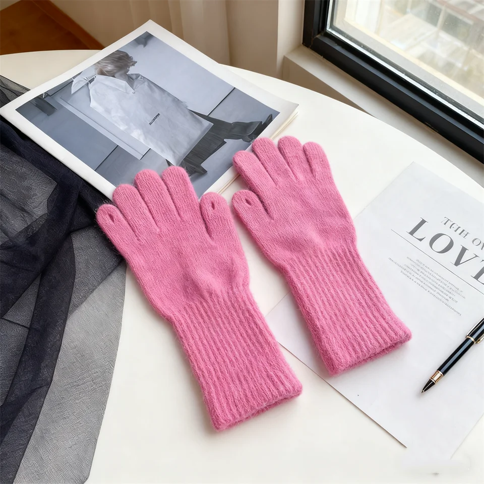 New Rabbit Fur Long Five-finger Gloves Women's Winter Warm Dew Finger Touch Screen Solid Color Versatile Knitted Gloves 27.5*8CM