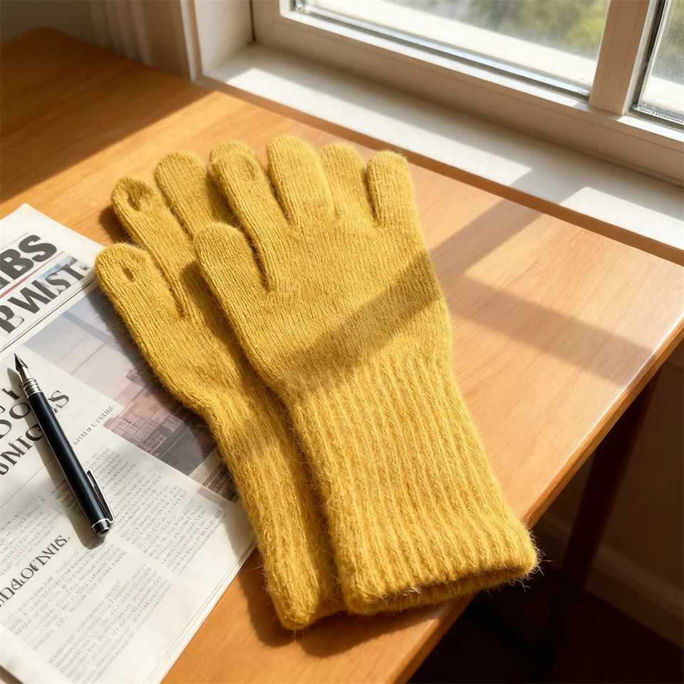 New Rabbit Fur Long Five-finger Gloves Women's Winter Warm Dew Finger Touch Screen Solid Color Versatile Knitted Gloves 27.5*8CM