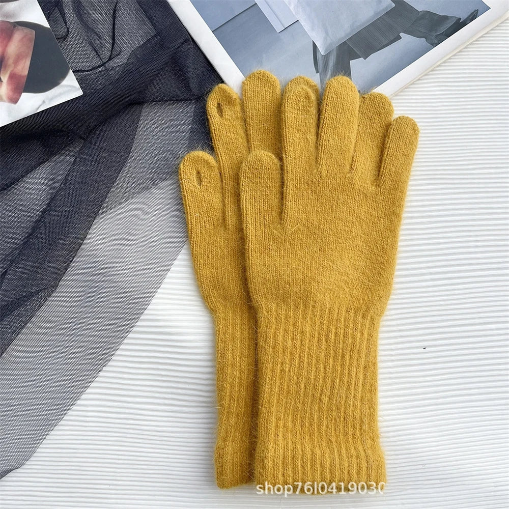 New Rabbit Fur Long Five-finger Gloves Women's Winter Warm Dew Finger Touch Screen Solid Color Versatile Knitted Gloves 27.5*8CM
