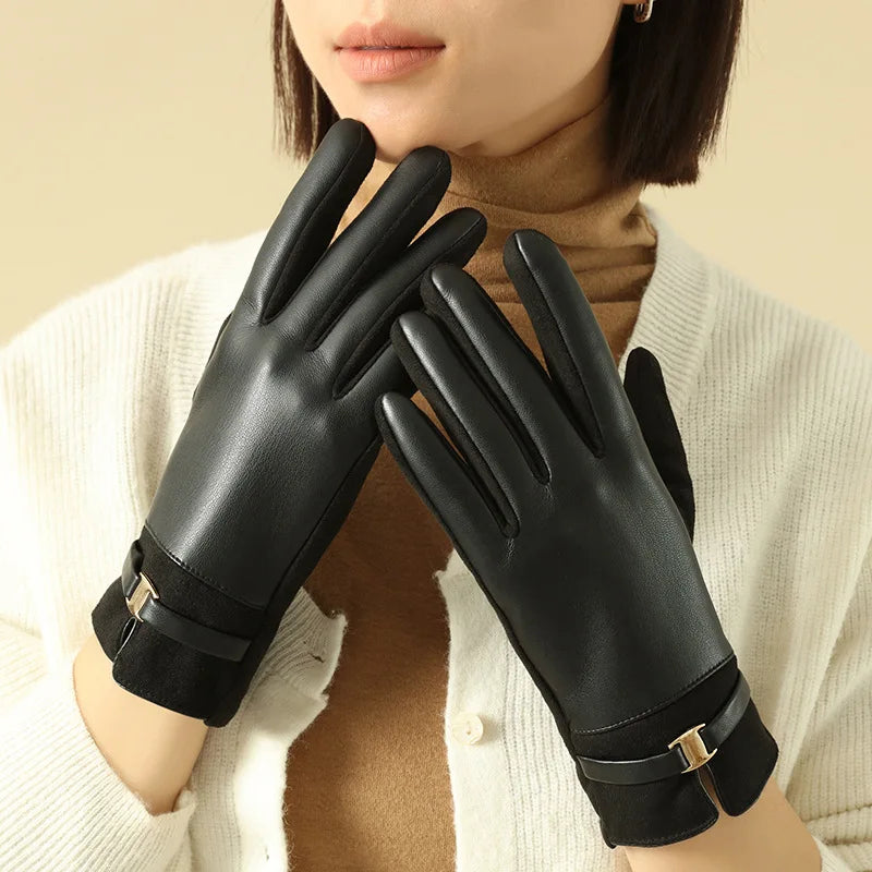 Fashion Elegant Retro Women Winter Thick Suede Leather Gloves Cycling Drive Keep Warm Touch Screen Windproof  Soft Comfortable