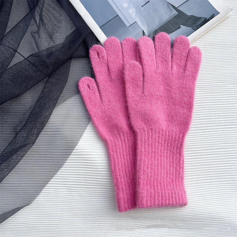 New Rabbit Fur Long Five-finger Gloves Women's Winter Warm Dew Finger Touch Screen Solid Color Versatile Knitted Gloves 27.5*8CM